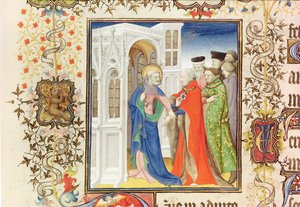Sint Petrus leidt Jean de France (1340-1416) Hertog van Berry naar het paradijs, uit de Grandes Heures de Duc de Berry, 1409 door French School