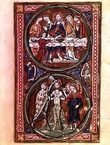 Ms n/a Lat 1392 Fol.3 Het bruiloftsfeest in Kana en de doop van Christus, detail uit de 