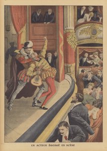 Moord op een acteur op het podium (kleurenlitho)