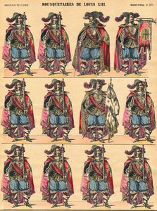 Musketiers van Lodewijk XIII, beschrijvende plaat. Afbeelding van Epinal