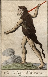 Mythe van de Tijdperken van de Mensheid: een voorstelling van het Bronzen Tijdperk, als een jonge man met een leeuwenhuid en een speer. Uit 