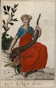 Mythe van de Tijdperken van de Mensheid: afbeelding van het Gouden Tijdperk, als een jonge maagd met perfecte schoonheid, gekroond met bloemen en met een hoorn des overvloeds.
