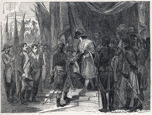 Napoleon Bonaparte overhandigde de handel van Campoformio aan het lid van de Uitvoerende Raad op 10 december 1797. Deze handel tussen Frankrijk en Oostenrijk markeert het einde van de Eerste Coalitie door French School