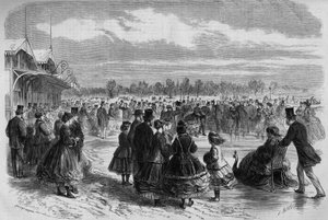 Napoleon III en keizerin Eugenie de Montijo bij de schaatsclub van het Bois de Boulogne in Parijs. Gravure in 