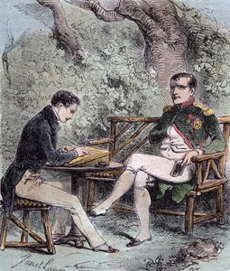 Napoleon op Sint-Helena - Napoleon dicteert zijn memoires aan Emmanuel Pons de Las Cases (1800-1854) zoon van Emmanuel de las Cases, - Uit Emmanuel de las Cases, Napoleon, Memorial de Sainte-Helene