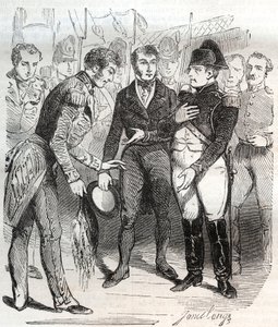 Napoleon vertrouwt op het Britse geloof - Napoleon Bonaparte aan boord van het Britse schip Bellerophon dat hem naar ballingschap op Sint-Helena zal brengen op 14 juli 1815