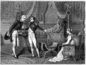 Napoleon, zijn vrouw Marie-Louise en Prins Metternich in gesprek door French School