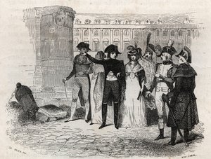 Napoleon wandelend met Madame Tallien, geboren Theresa Cabarrus, Prinses van Caraman, Prinses van Caraman Chimay (1773-1835) Place Vendome in Parijs - gravure in 