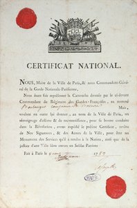 Nationaal Certificaat van Goed Gedrag tijdens de Franse Revolutie, 8 augustus 1789 in Parijs door French School