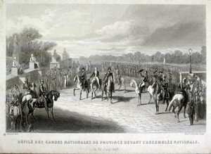 Nationale Garde soldaten beschermen de Nationale Vergadering in Parijs. Gravure tijdens de Franse Revolutie van 1848 door French School
