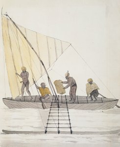 Inboorlingen van Iles Basses en uitgebalanceerde zeilkano, aquarel door Jules-Louis Lejeune, uit Duperrey