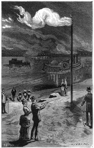 Aardgasverlichting in Pennsylvania (VS), nabij Pittsburg. Gravure in "La Nature. Revue des sciences et de ses applications aux arts et à l