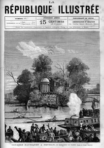Nautische races: Frans roeikampioenschap georganiseerd op de Seine tegenover het Ile de la Grande Jatte in Neuilly. Gravure uit 1880 in "La republique illustree" privécollectie. door French School