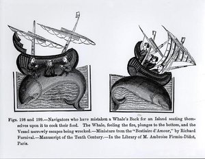 Navigators die de rug van een walvis voor een eiland hebben aangezien en erop gaan zitten om hun voedsel te koken, uit de Bestiaire d