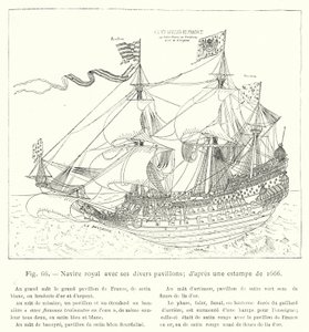 Koninklijk schip met zijn verschillende vlaggen; naar een prent uit 1666 (gravure) door French School