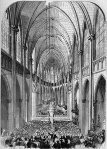 Neogotische architectuur: interieur van de kerk van Sainte Clotilde, in Parijs, tijdens de inauguratie op 30 november 1857. Gravure door Bertrand in 
