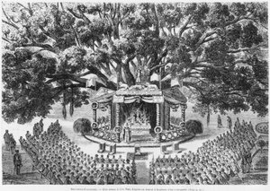 Nieuw-Caledonië, misviering op het eiland Nou, naar een pen- en inkttekening van een gedeporteerde, illustratie uit het bulletin Les Missions Catholiques, 1875 door French School