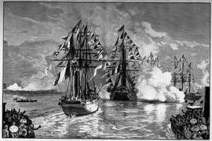 New York: aankomst in de haven van de stad van het Franse schip 
