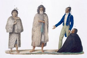 Nieuw-Zeelandse inboorlingen in inheemse en westerse kleding, 1826 door French School