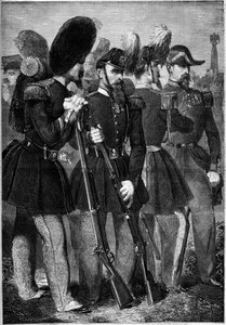 Nieuwe uniformen van de Franse keizerlijke garde in 1860. Gravure in 