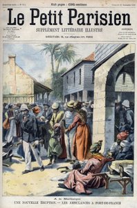 Nieuwe vulkaanuitbarsting van de Montagne Pelee vulkaan in Martinique: ambulances in Fort-de-France. Gravure in "Le Petit Parisien"