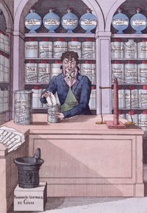 Krantendispensarium onder Napoleon, of de Chemicus Academicien, cartoon die de Pers verpletterd door Napoleon uitbeeldt door French School