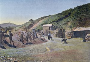 Nikkelmijnen aan de Oostkust van Nieuw-Caledonië, gegraveerd door Gillot, ca. 1900