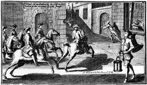 Nacht dief achtervolgd door de wachter - gravure