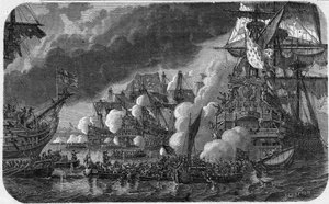 Negenjarige Oorlog (Oorlog van de Liga van Augsburg) (1688-1697): de Slag bij de Hougue op 19/05/1692 tussen de Anglo-Nederlandse vloot en de Franse vloot van Vice-admiraal Anne Hilarion de Costentin (Cotentin), Graaf van Tourville (1642-1701). Zij zag de  door French School