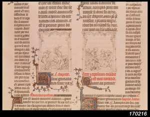 Noach in de wijngaard en de dronkenschap van Noach, uit de Bijbel van Jean Sy, c.1355 door French School