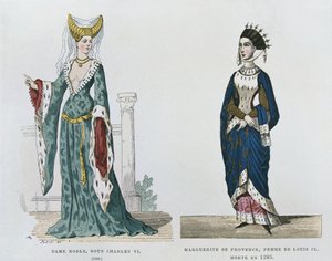 Adellijke vrouw onder het bewind van Karel VI, Marguerite de Provence, vrouw van Lodewijk IX, overleden in 1285, uit Costumes civils et militaires des francais a travers les siecles door French School