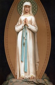 Notre Dame de Lourdes: voorstelling van de Maagd Maria zoals zij zou zijn verschenen aan Bernadette Soubirous in de grot van Lourdes in 1858. Chromolithografie. Frontispice van 