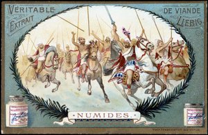 Numidië in de oudheid: Numidisch ruiterspel. Liebig chromolithografie eind 19e eeuw door French School