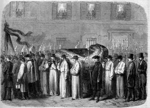 Begrafenis van Jean Baptiste (Giovanni Battista) Niccolini (1782-1861), 21 september 1861: begrafenisstoet met de overblijfselen van de Italiaanse dichter in de straten van Florence (Firenze), Italië. Gravure in 
