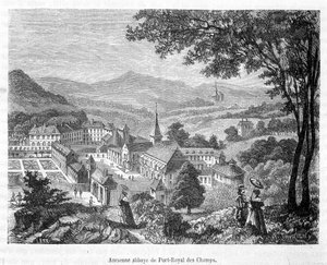 Oude abdij van Port Royal des Champs (Port-Royal-des-Champs) vogelperspectief - gravure door French School