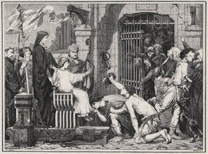 Bij gelegenheid van zijn toekomst (1227), bevrijdt de jonge Lodewijk IX gevangenen - gravure in 
