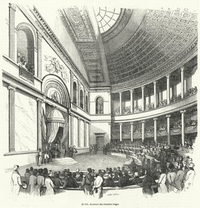 Opening van de Kamer van Volksvertegenwoordigers, het lagerhuis van het Belgische parlement (gravure) door French School