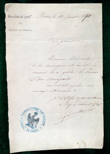 Bevel tot opsluiting aan de conciërge van prins Pierre Bonaparte (1815-1881) op 10 januari