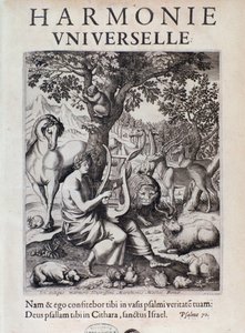Orpheus speelt voor dieren. Frontispice van Harmonie universelle door Marin Mersenne