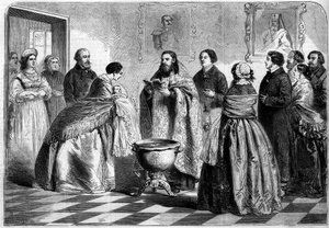 Orthodoxe ritus - doop: doopceremonie volgens de Griekse ritus in de hogere Russische samenleving in 1858. Het kind wordt door zijn peettante aan de paus gepresenteerd voordat het in de doopvont wordt ondergedompeld. Gravure in 