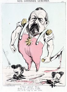 Onze grote generaals: de dappere Generaal Vinoy als een journalist hem lastigvalt, knak, hij hakt zijn hoofd eraf. Cartoon over Vinoy en de Commune.