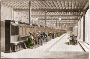 Overzicht van het grote telefonische kantoor (Centraal telefonisch- standaard telefonisch) aan de rue Gutenberg in Parijs, georganiseerd om 6000 abonnees te bedienen. Gravure uit 1895