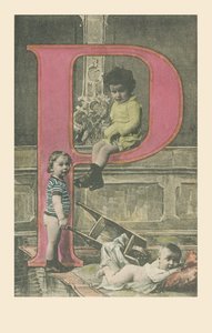 P: Een kind met een lange pijp, een ander met een kruiwagen, een baby liggend op zijn buik