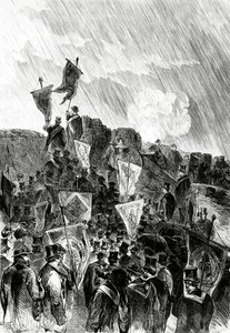 Pacifistische demonstratie op de vestingwerken door vrijmetselaars op 28 april 1870 om het bombardement van Parijs te eisen, uit Le Monde Illustré, 5 mei 1870 door French School
