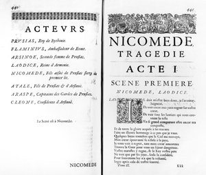 Pagina van de eerste akte van Nicomede door Pierre Corneille (1606-84) door French School