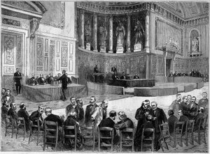 Palais du Luxembourg in Parijs: verkiezing van 30 januari voor de verkiezing van senatoren van het departement van de Seine. Staand, de stoel in één hand wordt herkend als Victor Hugo (1802-1885), politicus. Gravure in 