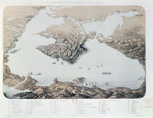 Panoramisch uitzicht en plan van Sebastopol en de Zwarte Zeekust ten tijde van de Krimoorlog, 1855 door French School