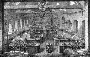 Papierindustrie: werkplaats voor het verfijnen en bleken van papierpulp. Gravure 1867 door French School