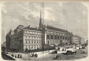 Parijs - nieuwe gevel van het gerechtsgebouw, gebouwd door Joseph-Louis Duc (1802-1879) - (Westgevel, aan de Rue de Harlay) gravure van 1869 door French School