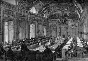 Parijs, 4 augustus 1871: eerste vergadering van de gemeenteraad in de Troonzaal van het Palais du Luxembourg. Gravure in 
